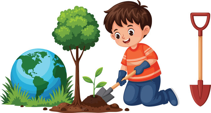 Cute cartoon boy planting a young tree sapling with a shovel, Earth globe in grass, environmental protection concept, Arbor Day vector illustration isolated - Powered by Adobe
