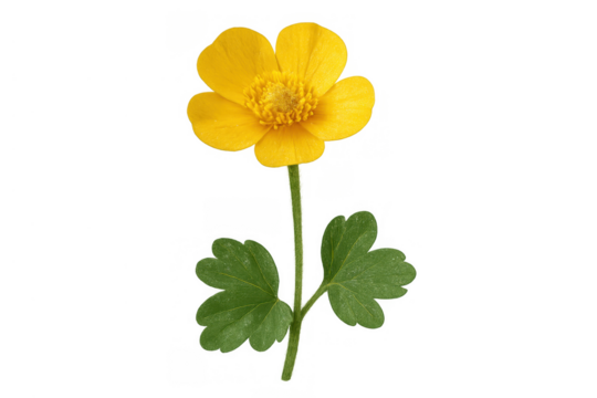 Buttercup wildflower with yellow petals and green leaves, a symbol of spring and natural beauty, on a transparent background