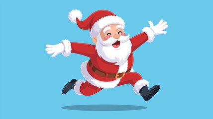 Cartoon Santa Claus running joyfully with arms and legs outstretched, festive Christmas character illustration on blue background