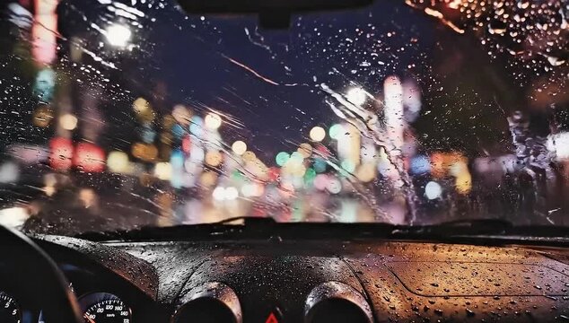 Rainy night drive through city lights reflected on car windshield, blurred bokeh background