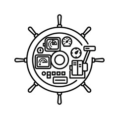 Ship wheel control panel isolated on detailed line drawing of a boats steering mechanism