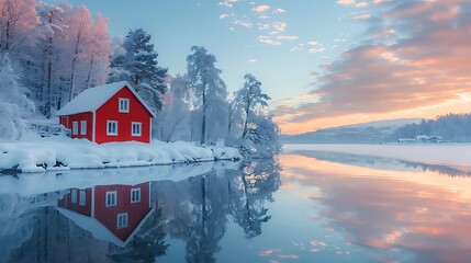 Cozy red cabin reflects in calm winter lake at sunrise