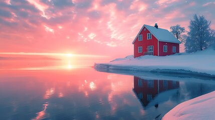 Cozy red cabin by a frozen lake at sunset