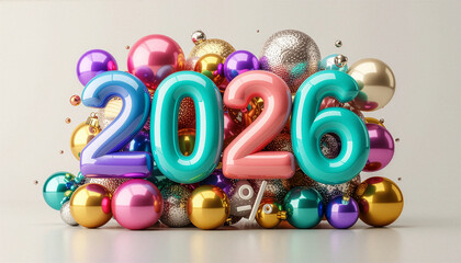 Mega sale banner with huge 3D percentage numbers 2026 new year floating geometric