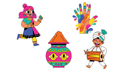 Holi celebration vector illustration with joyful characters, colorful powder, and festive cultural elements