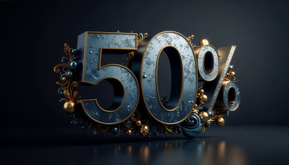 A bold mega sale banner featuring huge floating 3D percentage numbers "50%" and dynamic geometric elements, designed to showcase a major discount event.