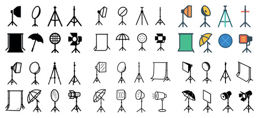 Various photography lighting equipment icons collection