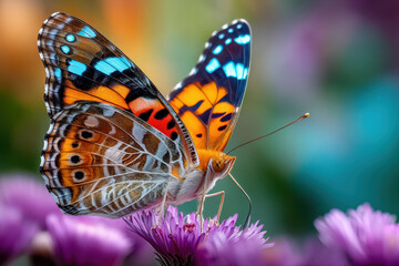 Vibrant Painted Lady Butterfly Perched on Purple Aster Flower in Soft Focus Garden