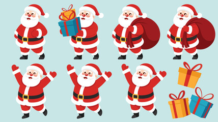 Cartoon Santa Claus set with festive poses and gift boxes, cheerful Christmas illustrations for holiday design, decoration, and celebration