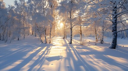 Sunlight streams through a snow covered forest casting long shadows
