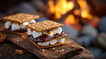 Gooey s'mores dessert with toasted marshmallows at campfire