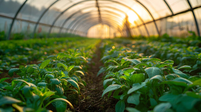 Growing fresh organic crops inside a greenhouse at sunset