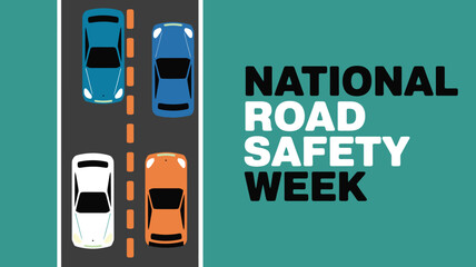 National Road Safety Week Graphic with Overhead View of Cars Driving on Highway Promoting Defensive Driving and Traffic Accident Prevention