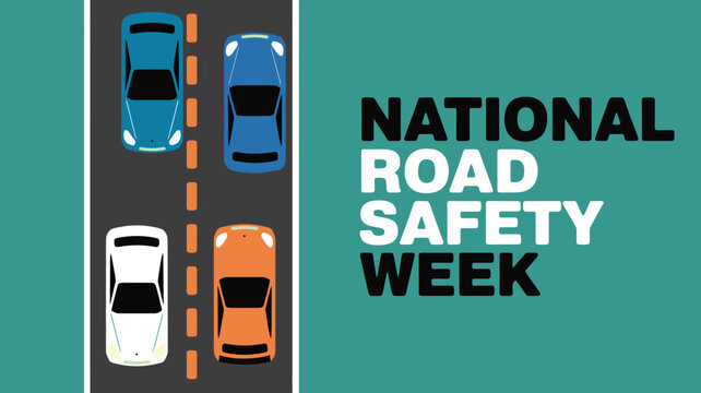 National Road Safety Week Graphic with Overhead View of Cars Driving on Highway Promoting Defensive Driving and Traffic Accident Prevention
