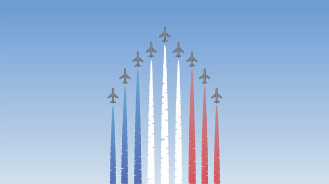 Patrouille de France Jet Aerobatics Display Flying in Formation with Blue, White, and Red Smoke Against a Clear Blue Sky