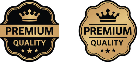 Black and Gold Premium Quality Badge Set with Crown Icon and Three Stars for Luxury Product Branding and Guaranteed Excellence Seal