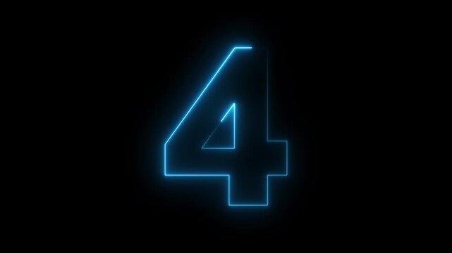 glowing neon text blue 4 number countdown icon animation,abstract neon text 4 number countdown icon animation on black background,neon numbers, Bright neon glowing number 4