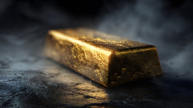 Gleaming gold bar resting on a dark, smoky surface