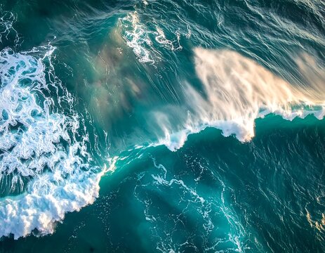 Aerial view of powerful ocean waves crashing and foaming.