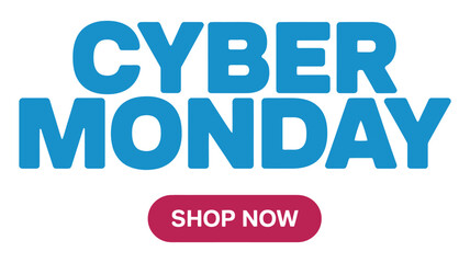Cyber Monday promotional banner with bold blue text and red shop now button for ecommerce and seasonal sale marketing