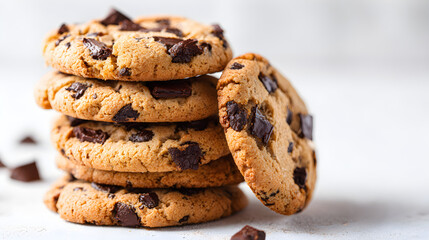 Stacked chocolate chip cookies, sweet dessert snack food