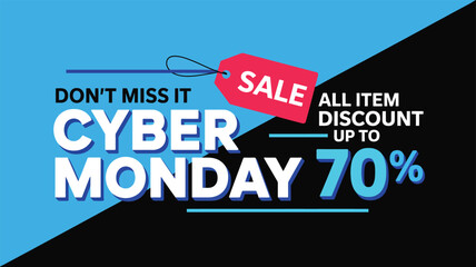 Cyber Monday sale banner with bold discount text, red tag graphic, and vibrant blue-black background for ecommerce promotion