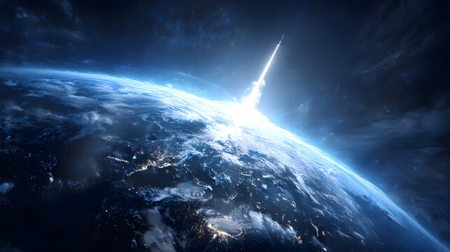Rocket launching from earth into outer space - Powered by Adobe