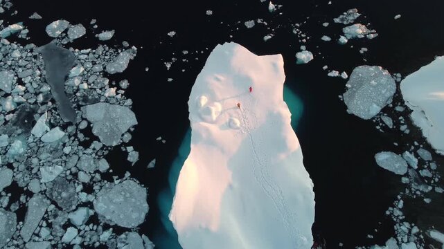 Aerial drone view of a group of people standing on a large iceberg in Antarctica. Exploring the icy polar environment and remote frozen wilderness. 4K video.