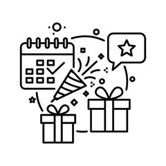 Calendar, party popper, and gift boxes for special event isolated on