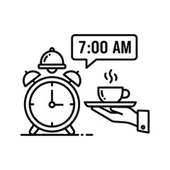 A clock with alarm and hand holding coffee cup for wake up call isolated on