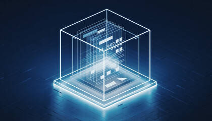 Digital Data Visualization: A mesmerizing digital representation showcases intricate data structures, rendered in luminous blue hues, within a transparent cube.