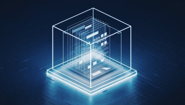 Digital Data Visualization: A mesmerizing digital representation showcases intricate data structures, rendered in luminous blue hues, within a transparent cube.