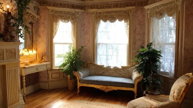 Step into a world of timeless elegance and classic luxury with this opulent interior scene. The grand room features richly adorned walls with intricate patterns, exquisite golden moldings, and a majes