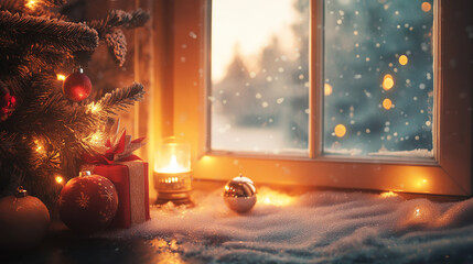 Cozy Christmas Eve scene with snow outside the window and gifts under a decorated tree indoors