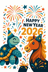 2026 New Year festive scene with playful cartoon animals celebrating with fireworks