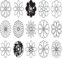 Collection of fifteen stylized flower icons in black and white