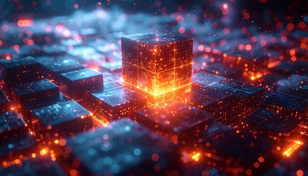 Futuristic Technology - Glowing Cube on Circuit Board with Data Flow.