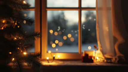 Cozy Christmas season window view with festive lights and decorations, perfect for holiday greetings