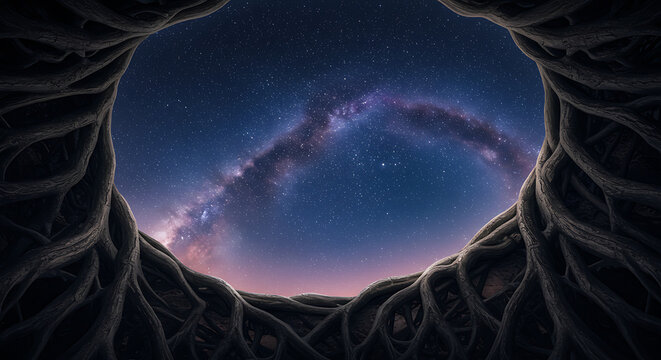 Roots Framing a Starry Night Sky and Milky Way