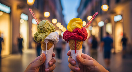 Two hands holding ice cream cones with colorful scoops against a blurred street background.