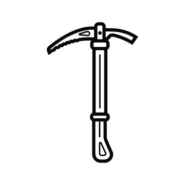 Simple black and white line art icon of an ice axe for mountaineering and climbing isolated on