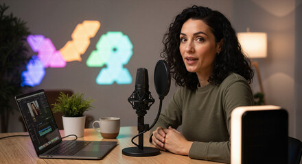 Woman speaking into microphone while recording podcast at desk