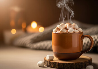 Steaming hot chocolate mug with marshmallows against warm wool knitted sweater and bokeh lights