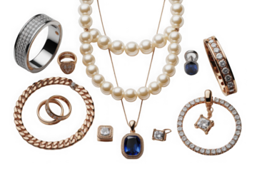 Assortment of elegant diamond and pearl jewelry for luxurious occasions isolated on transparent background