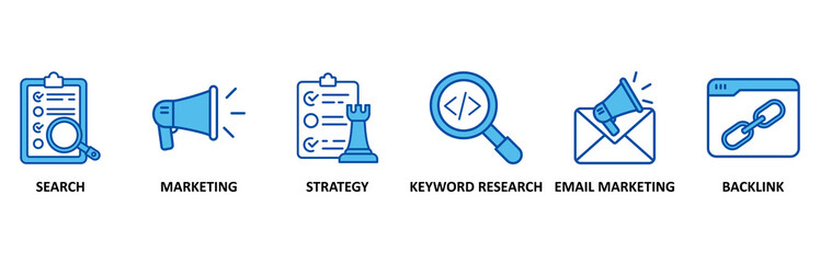 Seo marketing icon set In Blue Style, Vector Illustration for search, marketing, strategy, keyword research, email marketing, backlink