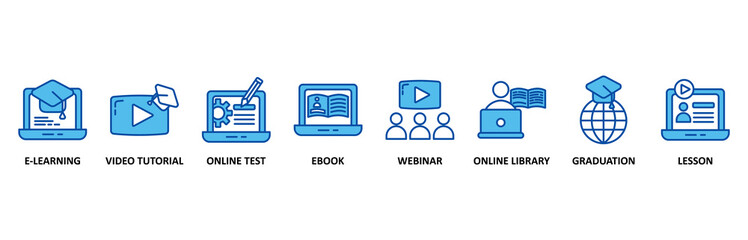 Online education icon set In Blue Style, Vector Illustration for e-learning, video tutorial, online test, ebook, webinar, online library, graduation, lesson