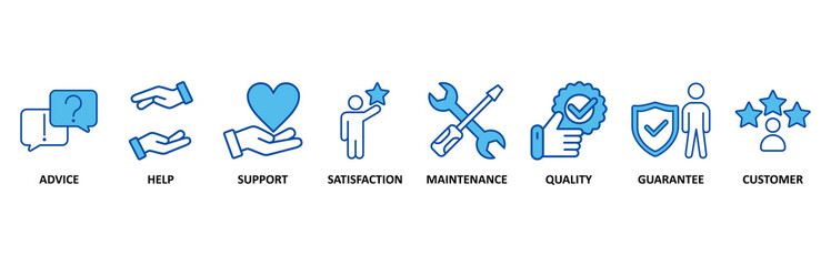 After-sales service icon set In Blue Style, Vector Illustration for advice, help, support, satisfaction, maintenance, quality, guarantee, customer�