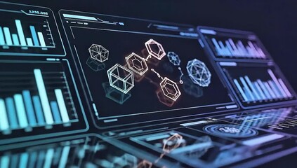 Advanced digital interface displaying complex data analytics, charts, and network connections for business intelligence - Powered by Adobe