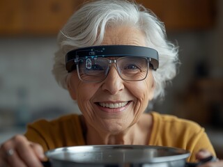 Happy elderly woman wearing augmented reality smart glasses showing holographic cooking tutorial interface while preparing meal in home kitchen, representing assistive technology for seniors