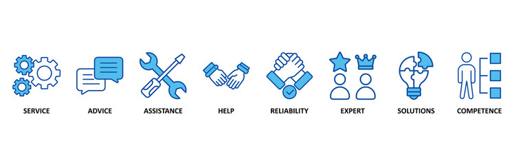 Support icon set In Blue Style, Vector Illustration for service, advice, assistance, help, reliability, expert, solutions and competence